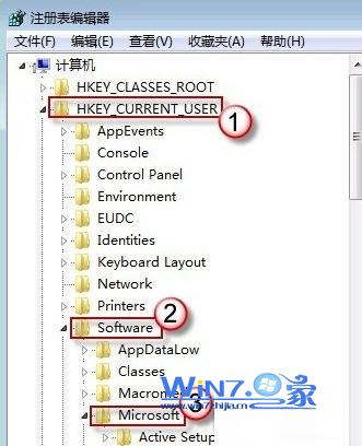 依次打开“HKEY_CURRENT_USER---Software---Microsoft”选项