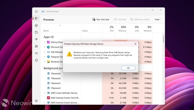 微软 Win11 22H2 打开任务管理器后无法安全弹出 USB 设备